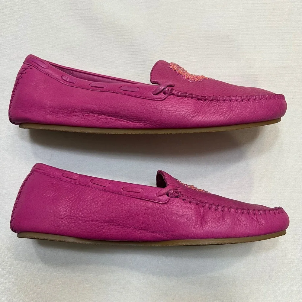 Hush Puppies Magenta Pink Beaded Boho Leather Moccasin Loafers Flats Size 7.5M